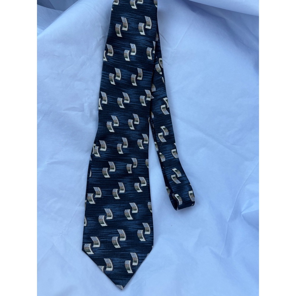 Burma Bibas Mens Silk Necktie Navy Blue Geometric Abstract Pattern Made in USA